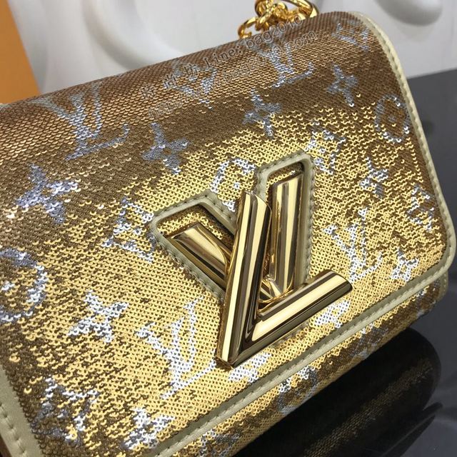 LV包 lv新款女包 M52906 金銀亮片 Monogram圖案TWIST手袋 lv鏈條單肩斜挎包  ydh3382